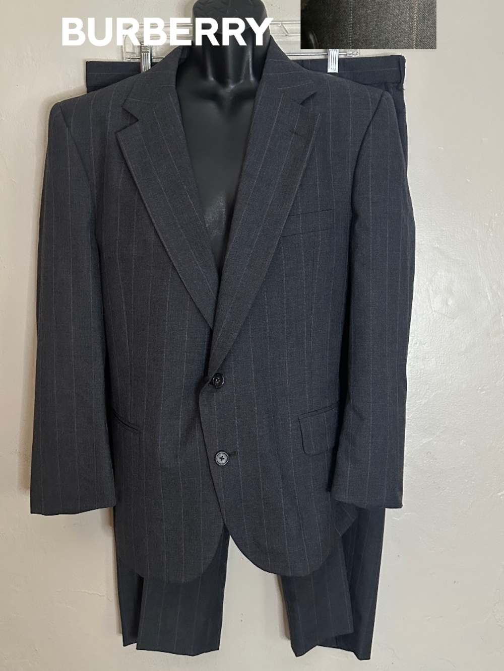 Burberry Full Pinstripe Suit ~40S no size tag Pants 37" waist 26" inseam